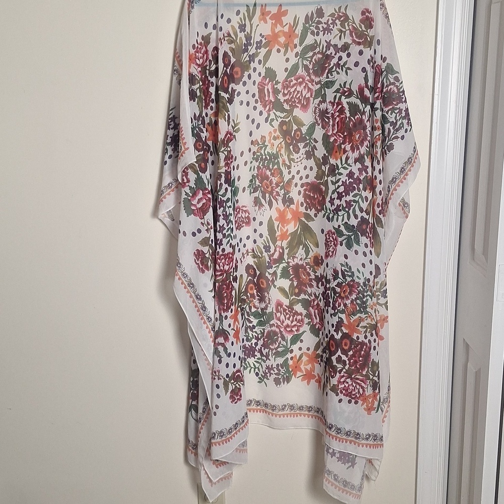 Cupshe White Floral Print Midi Side Slip Chiffon Cover Up Cardigan Kimono - Picture 6 of 7